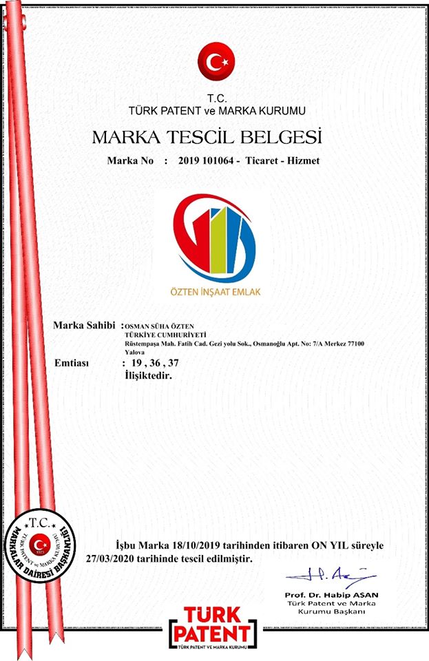 Özten İnşaat Emlak Marka Tescil Belgesi